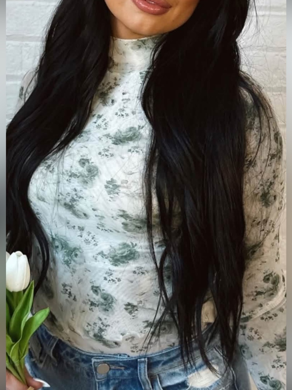 Womenβs High-Neck Floral Mesh Top in Green and White